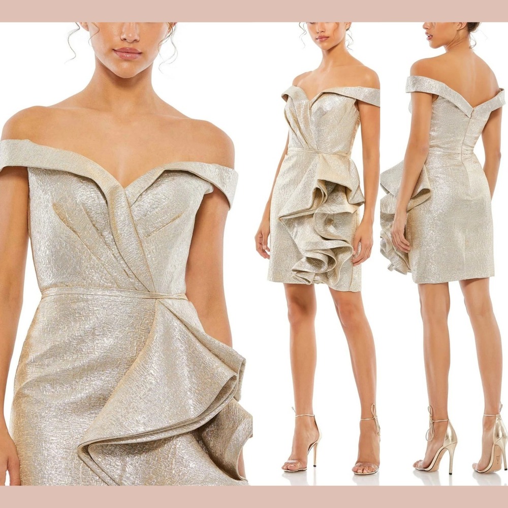 NEW Mac Duggal [ 0 ] 68325 Metallic Off Shoulder Side Ruffle Mini Dress S2150‎